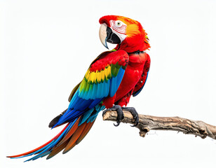 Fototapeta premium Exotic tropical Scarlet Macaw bird displaying its beautiful rainbow-colored plumage while perched on a branch, isolated on a white background