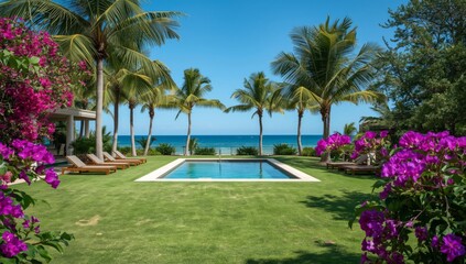 Fototapeta premium Tropical resort swimming pool surrounded by palm trees and ocean views