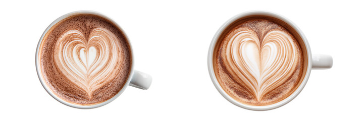 Set of a heart latte art in a mug isolated on transparent background.