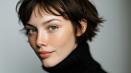 Portrait naturel d'une jeune femme aux cheveux courts et yeux bleus