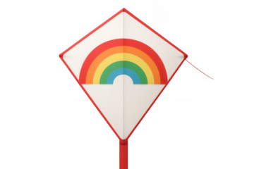 Colorful kite flying high, rainbow-patterned design floating weightlessly against transparent digital rendering, symbolizing aerial joy