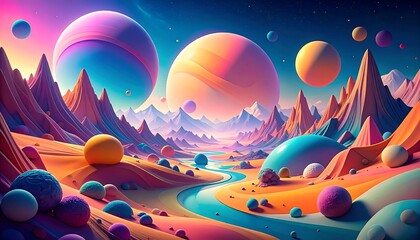 Colorful alien landscape with vibrant planets