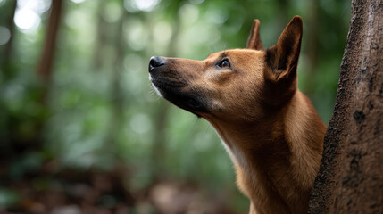 Curious dog gazes upward in lush forest, embodying essence of hyperosmia as it explores its surroundings with keen senses