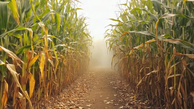 A person walks dense corn maze golden hour, sunlight streaming tall, dry corn stalks long Fallen autumn leaves scatter crunch underfoot. Mist creeps rows, mystical dust particles, soft lens flare