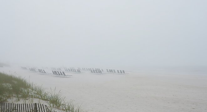Quiet Foggy Beach Scene with Sand Fence.