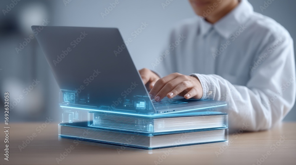 Aufkleber futuristic concept of e-learning with digital interface overlaying laptop and stack of books in mode