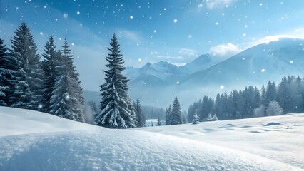 Fototapeta premium Winter Wonderland Scene with Snow Covered Trees and Mountains Majestic Snowy Landscape in a Serene and Tranquil Atmosphere