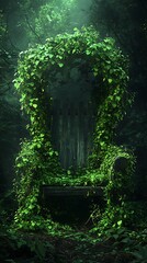 Enchanted Wooden Chair Overgrown with Lush Green Ivy in a Dark Forest Ambiance
