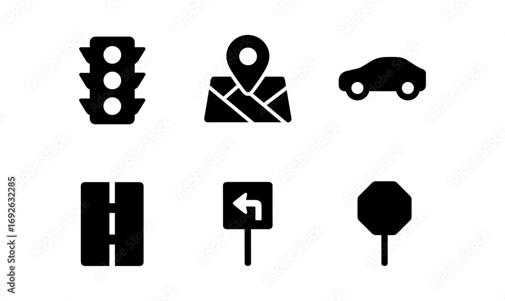 Poster minimal traffic and navigation icons set with road signs and map