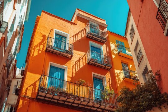 Vibrant orange buildings with blue accents - Powered by Adobe