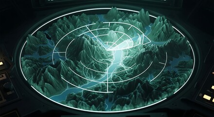 Futuristic Radar Display of Topographical Terrain Scan.
