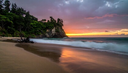 Coastal sunrise, tranquil beach