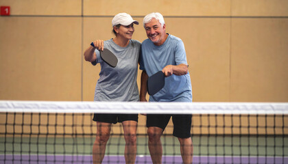 A happy senior couple smiling and holding pickleball paddles together on an indoor court.