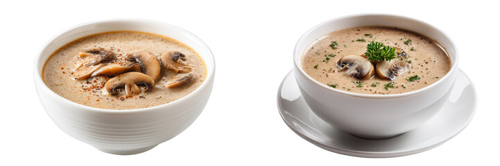  Set of a mushroom soup isolated on transparent background.