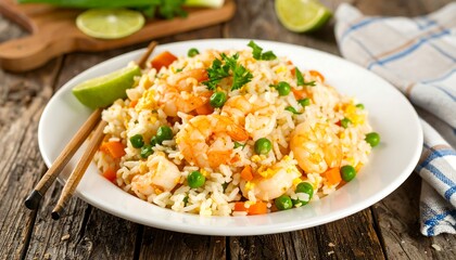 Fried rice with shrimp, vegetables, and egg on a plate