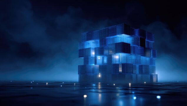 Futuristic cube structure bathed in blue light