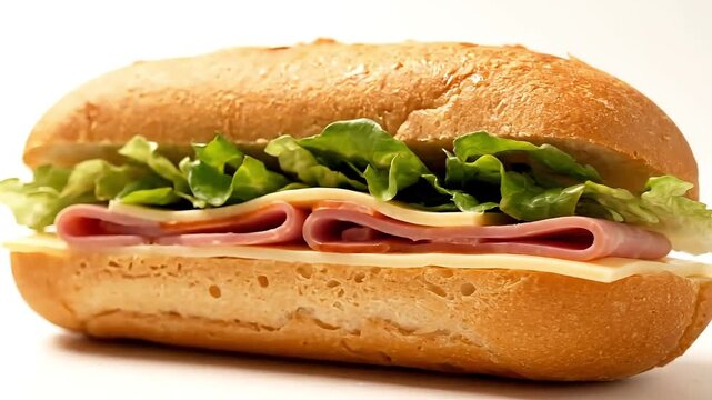 Freshly made sub sandwich with ham, cheese, and lettuce on a crusty roll
