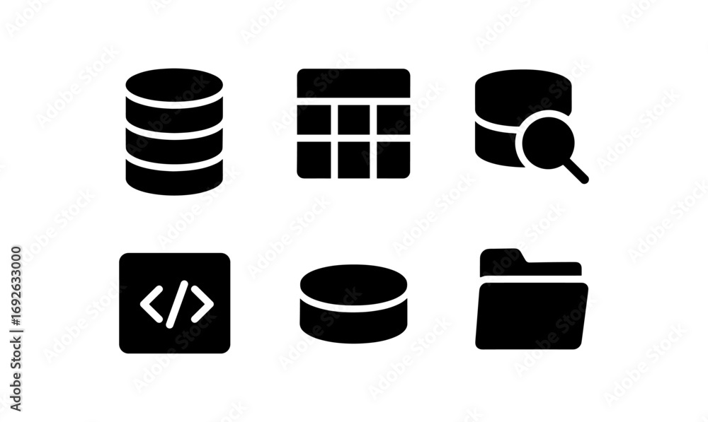 Aufkleber database icons set: minimalistic silhouette icons for data management and coding