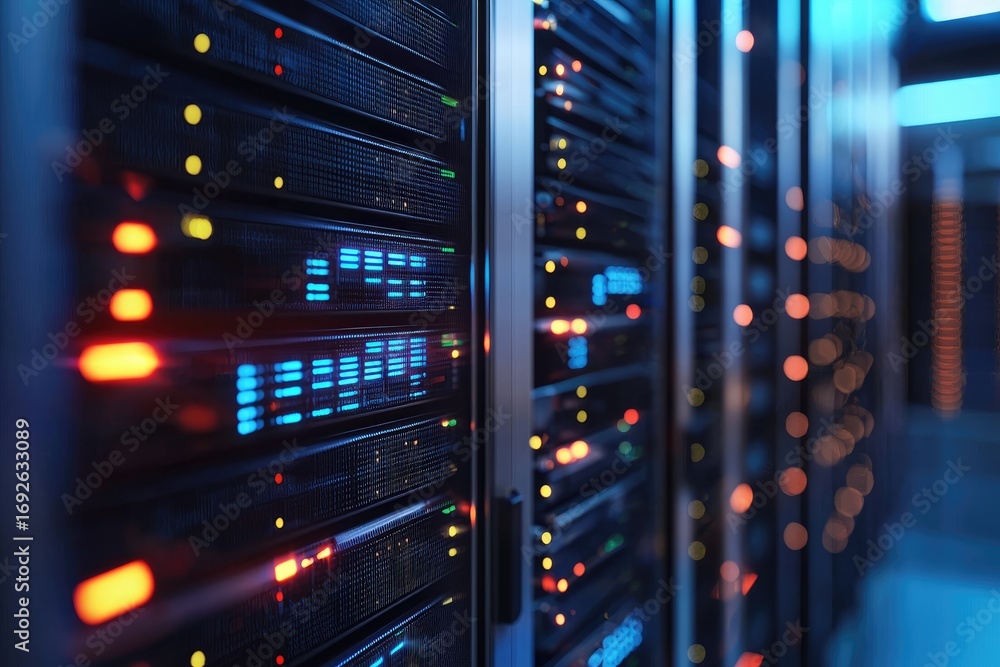Poster 3d rendering of modern computer servers with glowing indicator lights in futuristic data storage roo