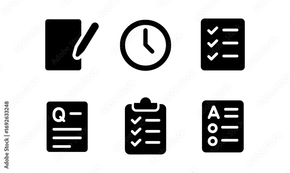 Poster essential document and time management icons for applications and planning