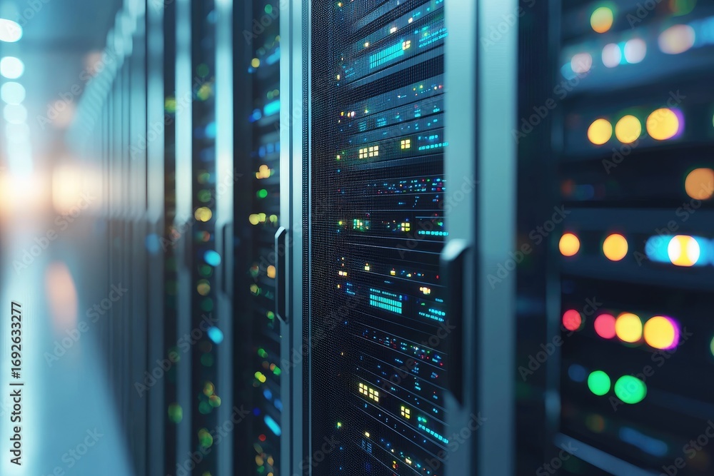 Poster 3d rendering of futuristic computer servers with colorful glowing indicator lights in modern data st