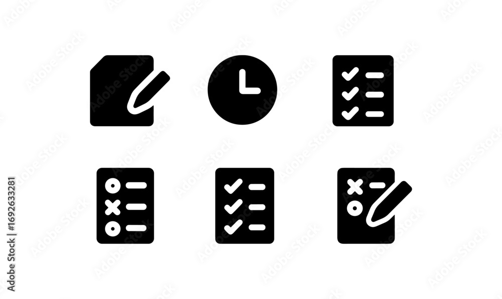 Poster minimalist icons of task management with checklists and clocks