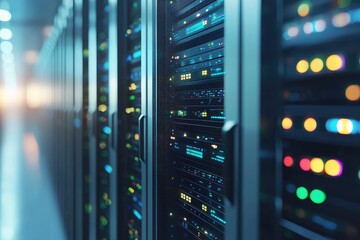 3D rendering of futuristic computer servers with colorful glowing indicator lights in modern data storage room, perfect for IT infrastructure, cloud technology, and digital networking concepts