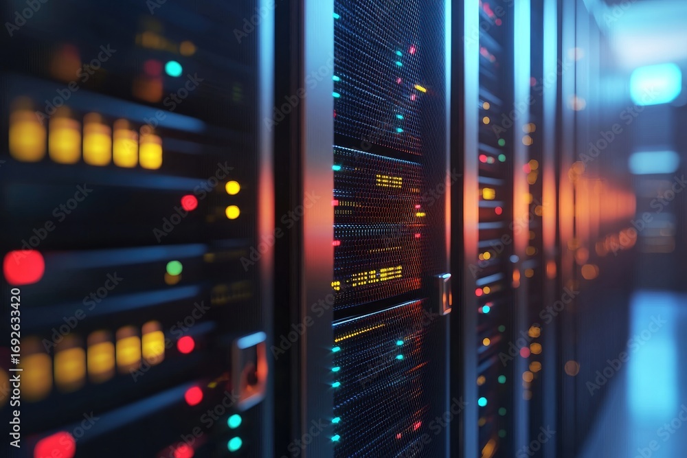 Poster 3d rendering of futuristic server racks with colorful glowing lights in modern computer storage room
