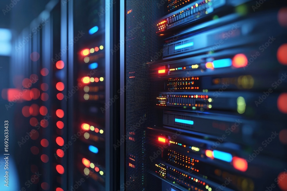 Poster 3d rendering of modern data servers with glowing indicator lights in futuristic computer storage roo