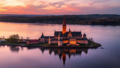 Obraz premium Castle of theTeutonic Order in Malbork by the Nogat river at sunset, enhance. White tone
