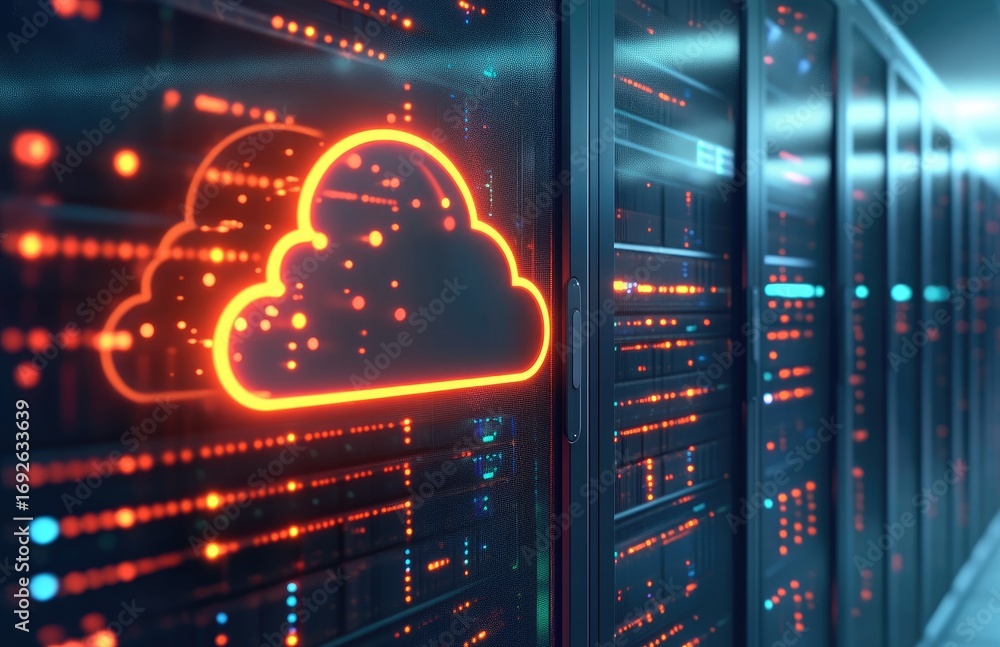 Aufkleber cloud computing technology with glowing neon cloud symbol reflected on data servers in a secure mode