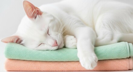 White cat sleeping peacefully on pastel blankets, for websites and social media