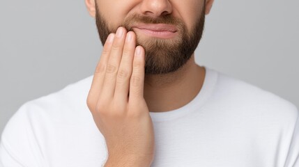 Naklejka premium Man Experiencing Tooth Pain Holding Jaw and Frowning with Uncomfortable Expression in White T-Shirt Against Neutral Background