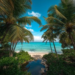 Obraz premium Tropical beach with palm trees by the sea on a sunny summer day