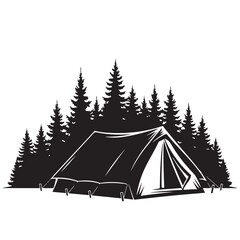 Black Silhouette Illustration of a Camping Tent and Pine Trees