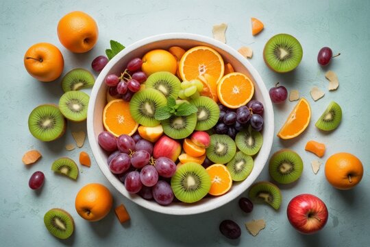 Frischer bunter Obstsalat in einer wei&szlig;en Sch&uuml;ssel mit Kiwi, Trauben, Orangen und Aprikosen, gesunde Vitamine, sommerliches Fr&uuml;hst&uuml;ck oder Snack, frisches und leckeres Obst