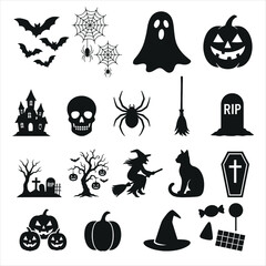 Collection of spooky halloween icons including bats ghosts pumpkins skulls witches and haunted houses