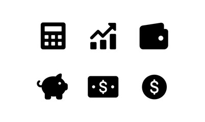 Financial icons set: calculator, chart, wallet, piggy bank, money symbols