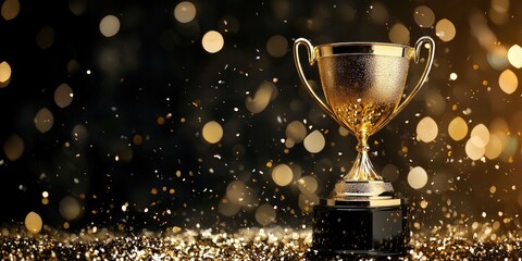 Sophisticated gold trophy on velvet surface with sparkling bokeh falling like fairy dust