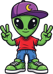Alien character peace sign, cartoon extraterrestrial, playful mascot, flat vector illustration, cad drawing, silhouette art, space theme, friendly alien