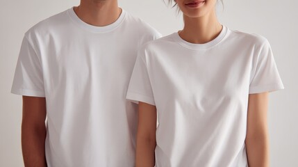 White t shirt models posing neutrally, highlighting minimalist design potential for apparel mockups with contemporary styling and versatile visual appeal