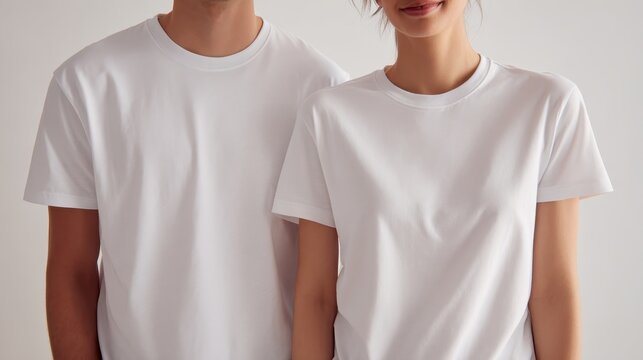 White t shirt models posing neutrally, highlighting minimalist design potential for apparel mockups with contemporary styling and versatile visual appeal