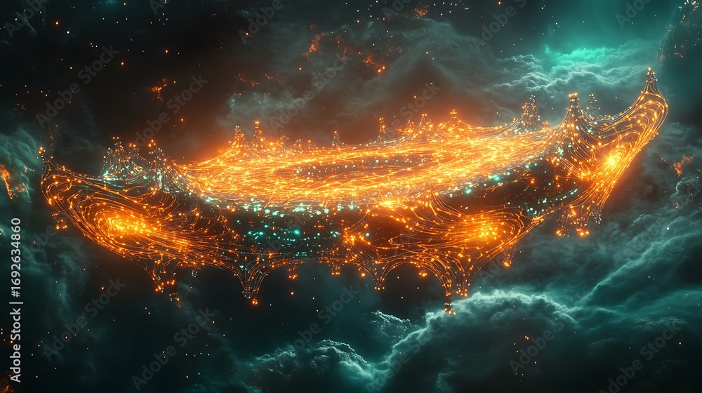 Poster glowing abstract futuristic structure floating in the nebula sky