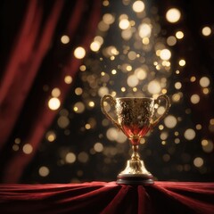Sparkling golden trophy on a theatrical red velvet podium with floating bokeh spheres