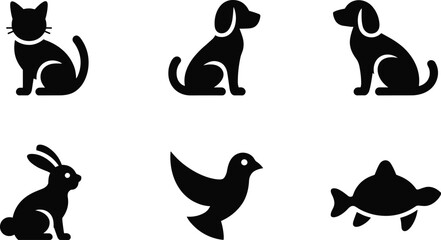 Animal silhouette icons, black vector set, cat, dog, rabbit, bird, turtle, pet shapes, wildlife symbols, minimalist design, isolated