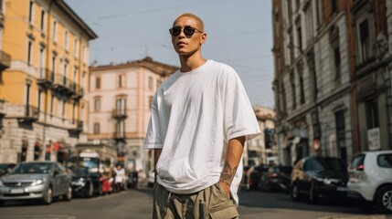 Stylish male model sporting designer sunglasses and loose white tee standing confidently against historic urban architectural background, embodying modern streetwear aesthetic