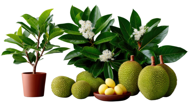 Botanical Bounty: An artistic tableau of ripe jackfruits, lush leaves, delicate flowers, and a potted plant, showcasing the vibrant beauty of the natural world.
