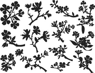 Collection of Blooming Flower Branches in Black Silhouette Style on a White Background silhouette This image features