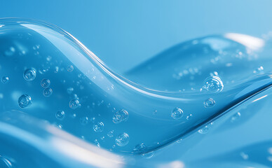 透明感のある青い美容成分のジェルと気泡の背景素材｜Blue cosmetic gel texture with bubbles for skincare or advertising background