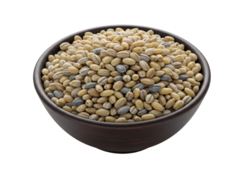 茶色の陶器ボウルに入ったさまざまな穀物 背景は透明でクローズアップされたショット